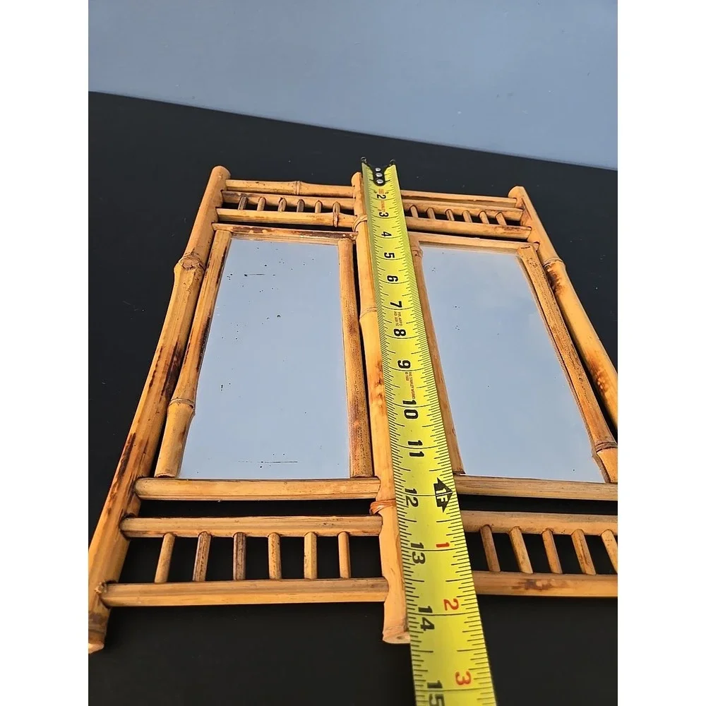 VTG Bamboo Rattan‎ Tabletop Vanity Mirror Folding 2 Sides Jewelry Holder Boho